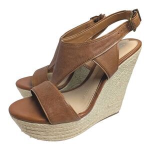 Gianni Bini Tan Leather Wedge Espadrille Sandals Slingback Heels Womens 9